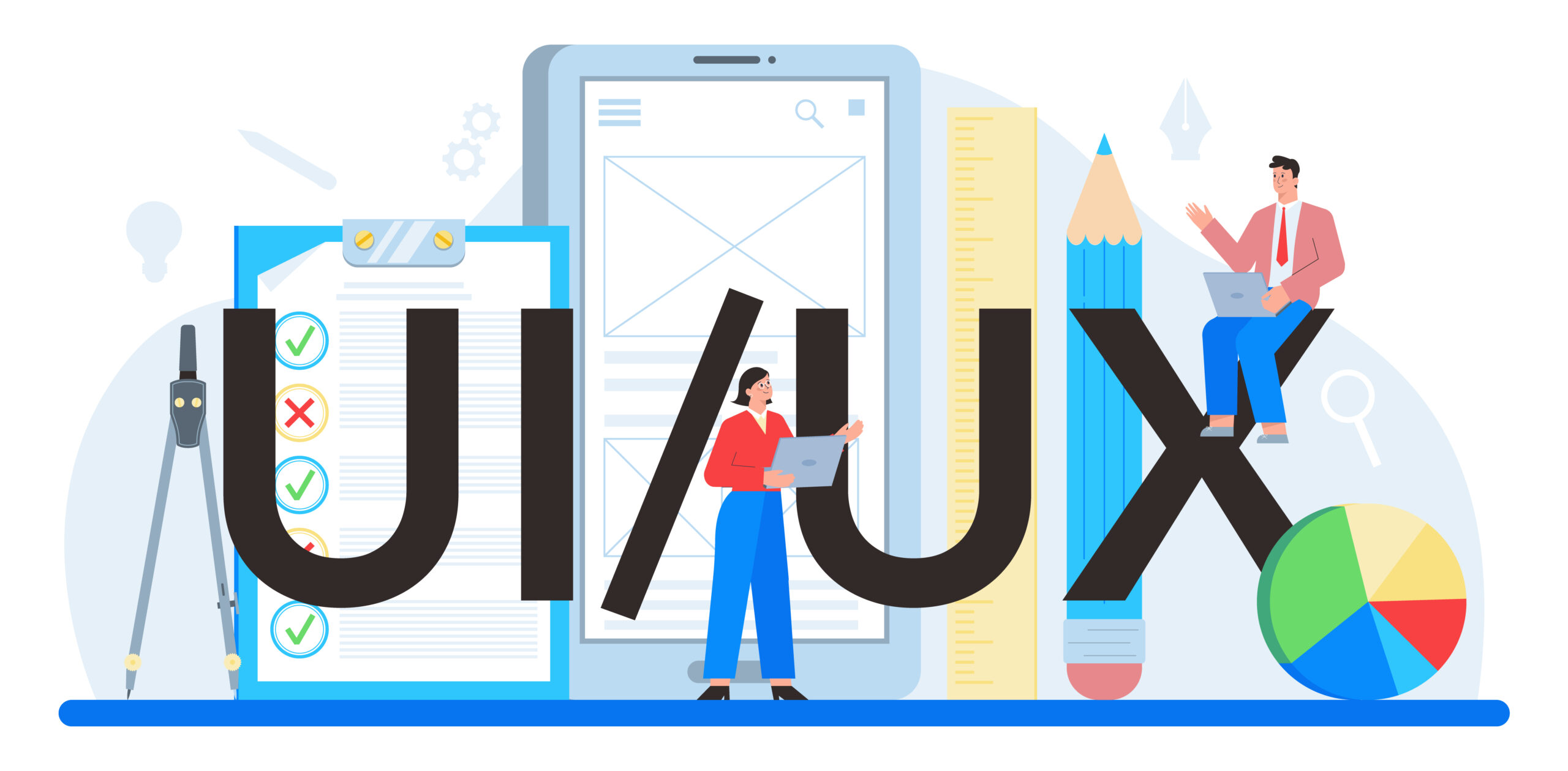 UX UI typographic header. App interface improvement. User interface design and user experience development. Modern technology concept. Flat vector illustration